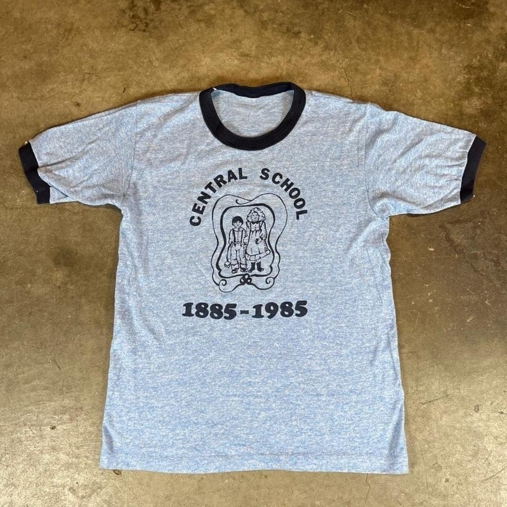 Vintage 80s Central School 100th Anniversary Ringer T-Shirt Blue Heather 1985 S
